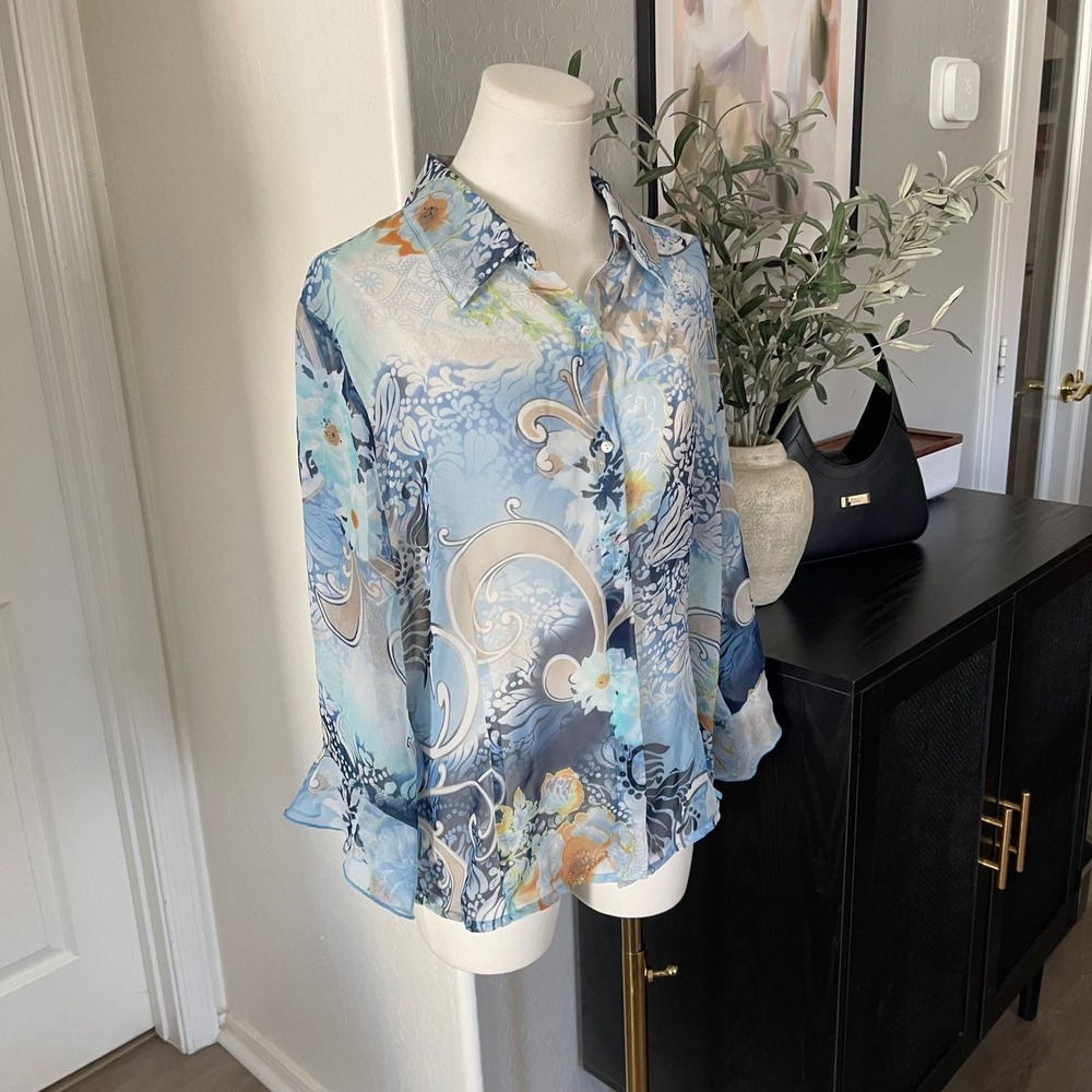 Nicola Button Up Blouse Womens XL Blue Vintage 2000s Sheer Floral Lettuce Trim
